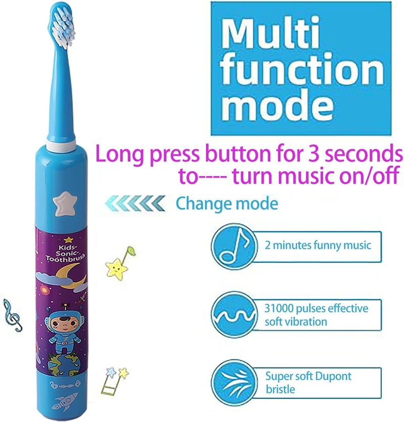 OJV 8620 Musical Electric Toothbrushes for Kids Children, 3 Modes 2 Min Timer, 6 Bristles Rechargeable Power Smart Sonic Music Play Song Toothbrush for Girls Age 3-14 with Wall Mounted Holder (Blue) - Image 3